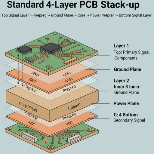 Precision 4-Layer PCB internal routing and components