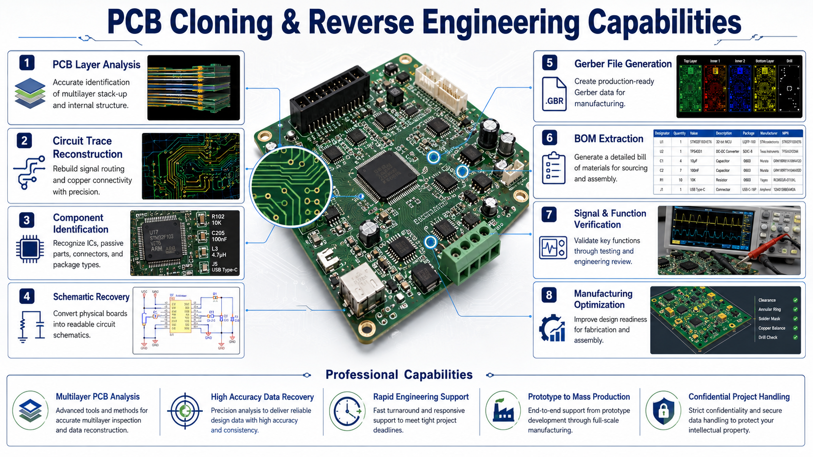 X-ray imaging of a multi-layer PCB revealing buried vias and inner layer interconnections for reverse engineering