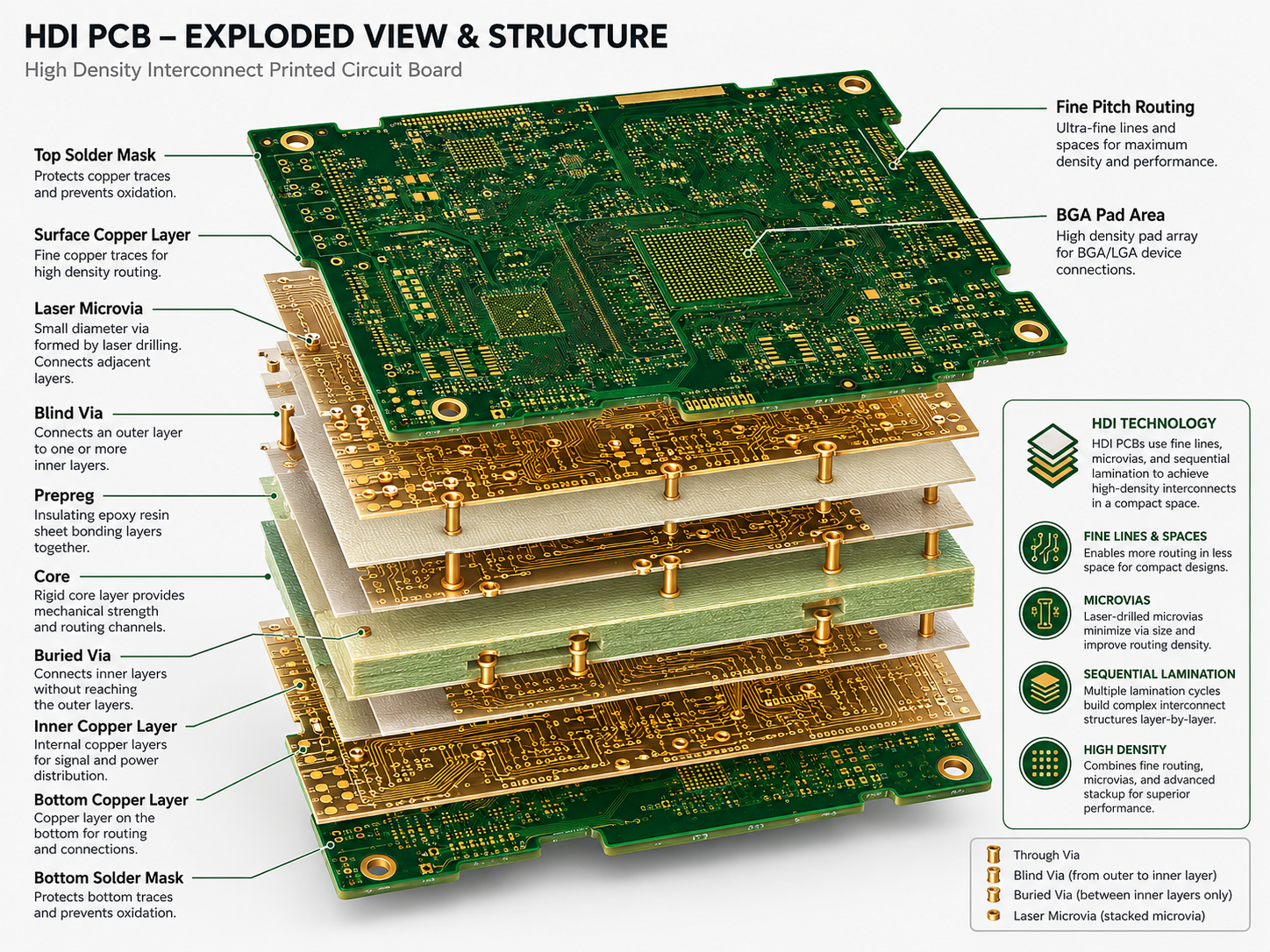 PCBark any-layer HDI stackup and microvia structures