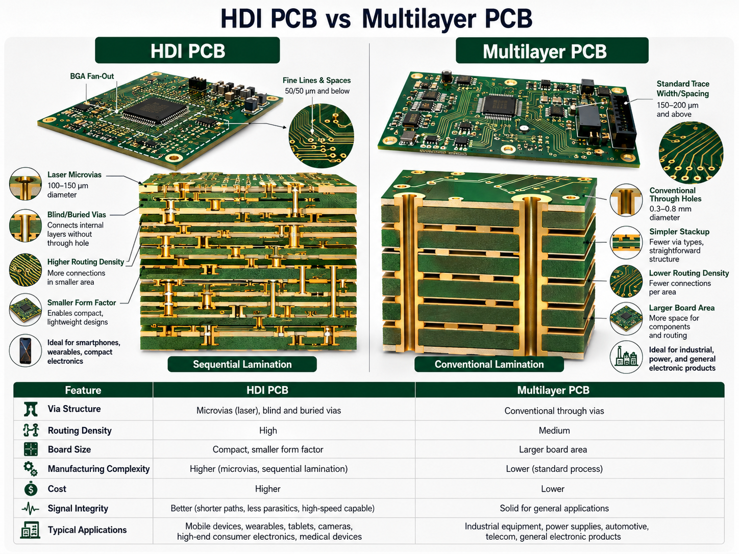 HDI PCB vs multilayer PCB head-to-head comparison illustration