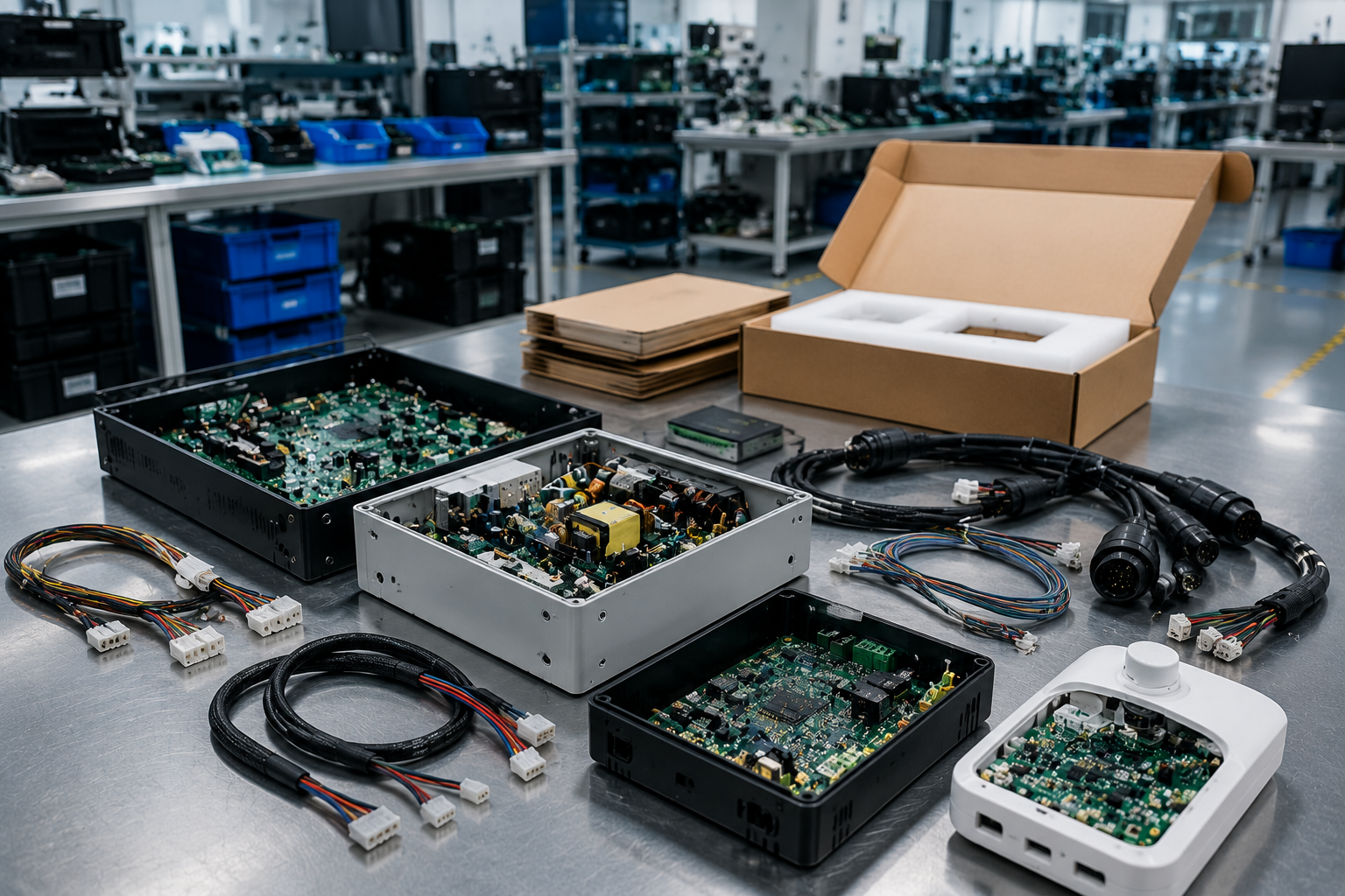 Box Build Assembly integration matrix showing coordination of PCB fabricator, SMT house, and cable assembly specialist