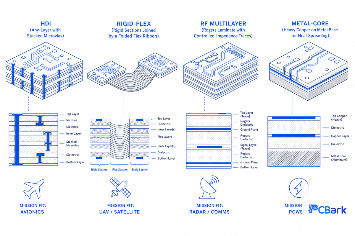 Board Types for Aerospace: HDI, Rigid-Flex, RF & Metal-Core — PCBark