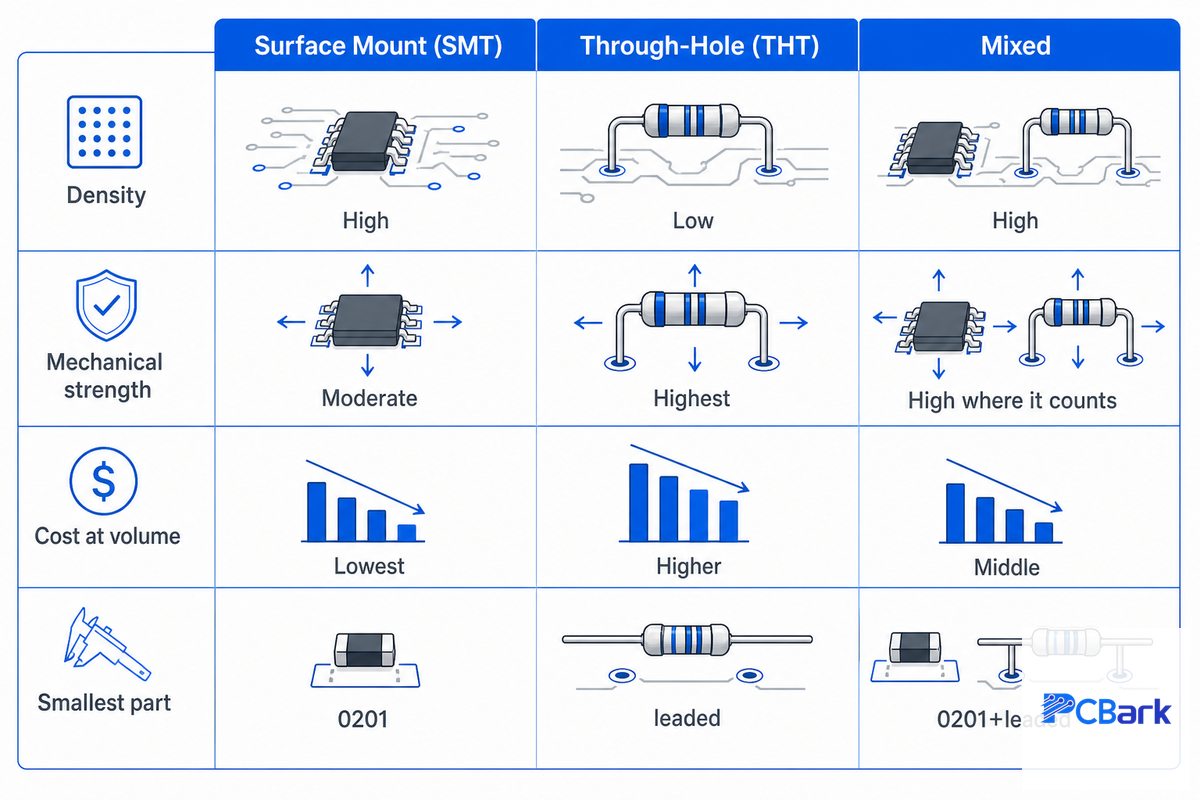 SMT vs. Through-Hole vs. Mixed Assembly — PCBark