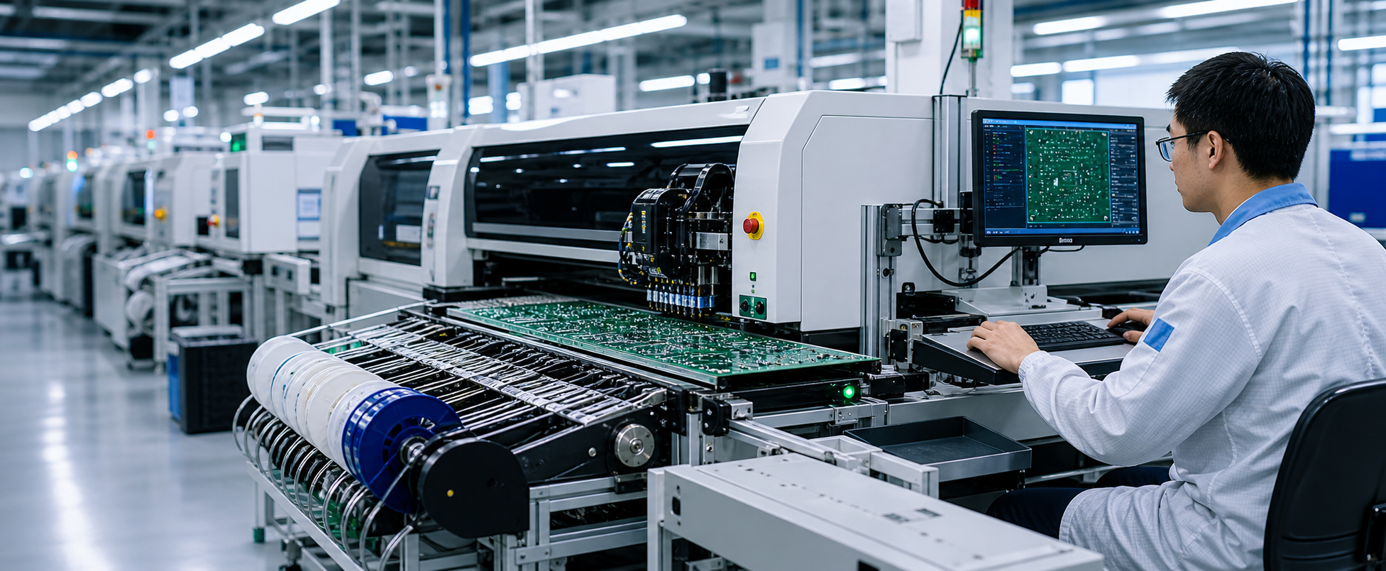 PCB assembly capability line with placement, soldering and inspection steps