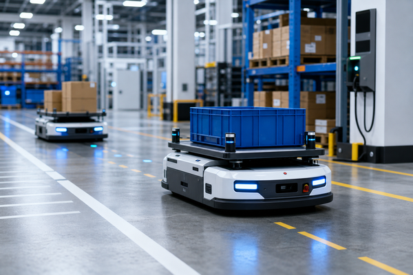 AGV and AMR mobile robots moving materials in a modern warehouse