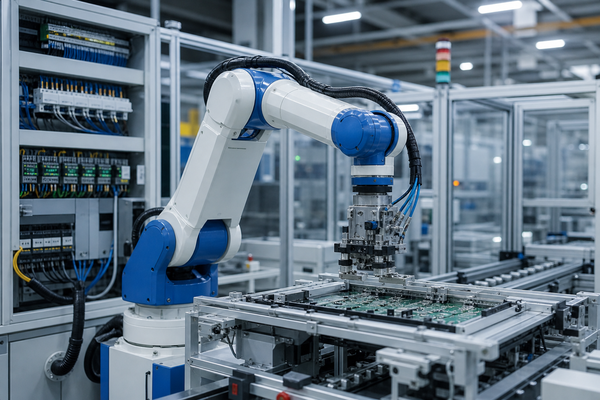 Industrial robot arm in factory automation cell with PCB assembly equipment
