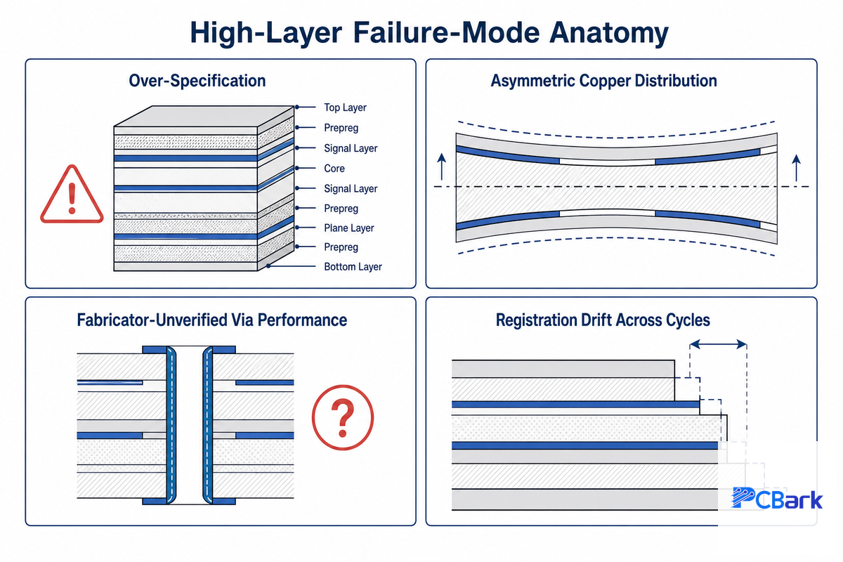 Common Design Mistakes: The High-Layer Failure-Mode Anatomy — PCBark
