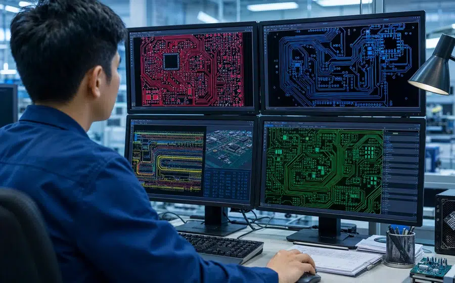 Front-end CAM engineer reviewing Gerber files and DFM data