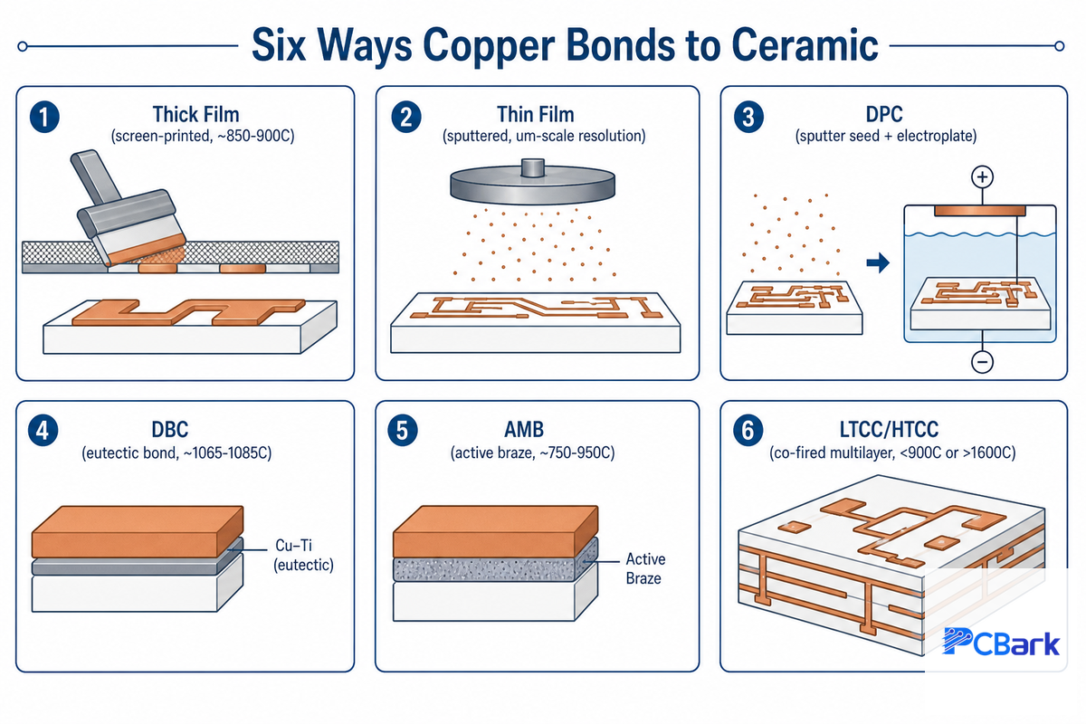 How Copper Actually Bonds to Ceramic: DBC, AMB, DPC, Thick/Thin Film, and LTCC/HTCC Explained — PCBark