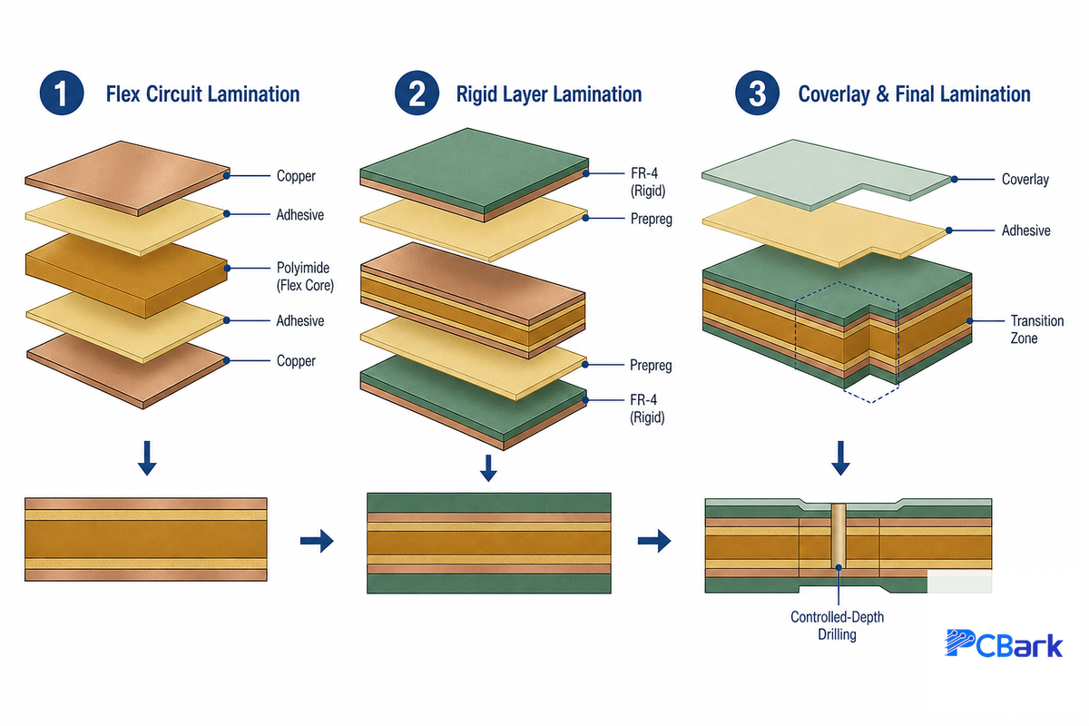 How Rigid-Flex PCBs Are Fabricated: The 3-Zone Lamination Sequence — PCBark