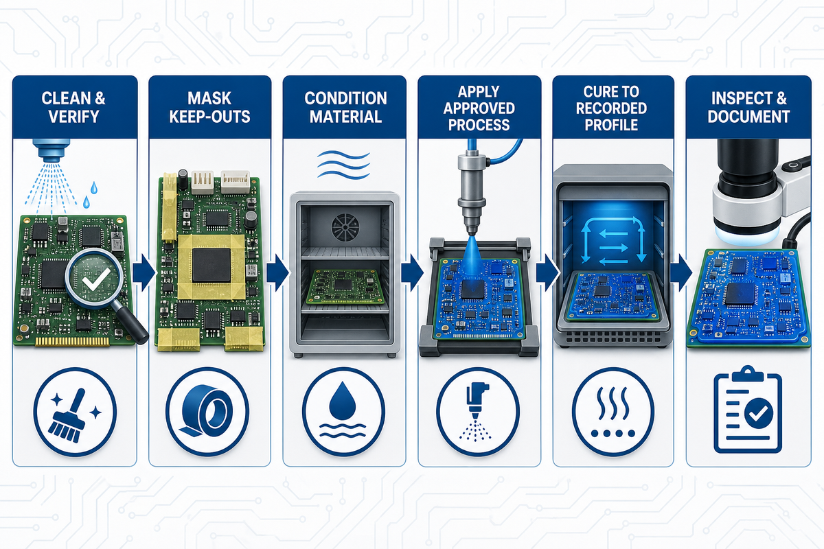 PCB conformal coating process: clean, mask, apply, cure, and inspect — PCBark