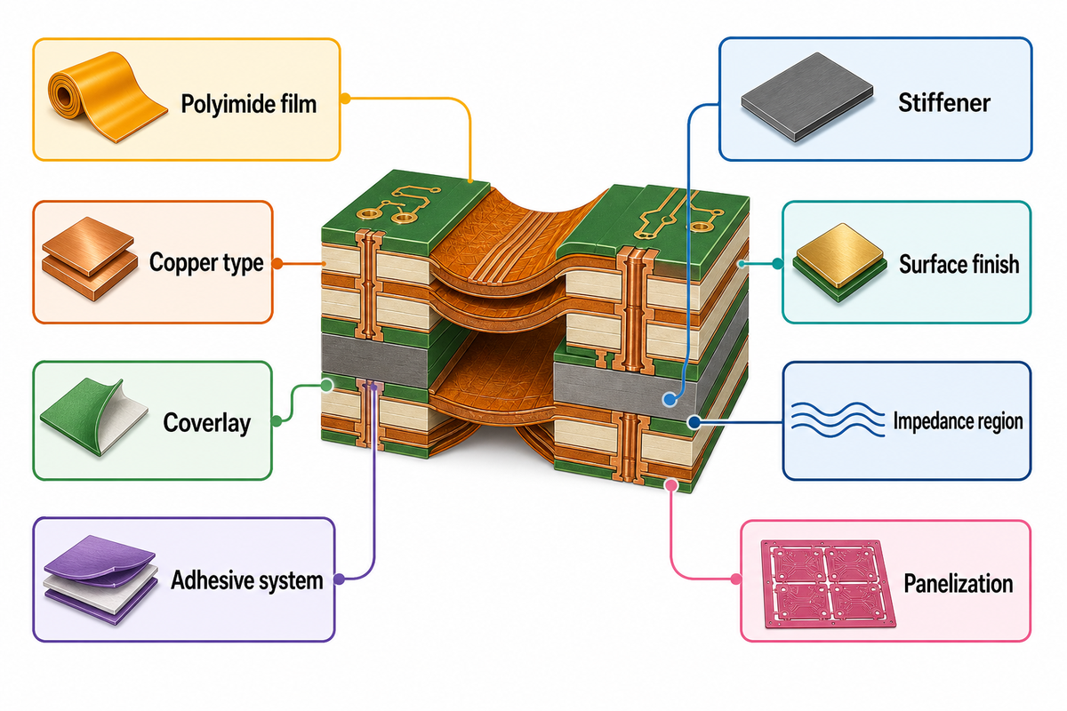 Material and Layer Decisions: Polyimide, Copper, Coverlay, Adhesive, Stiffeners — PCBark