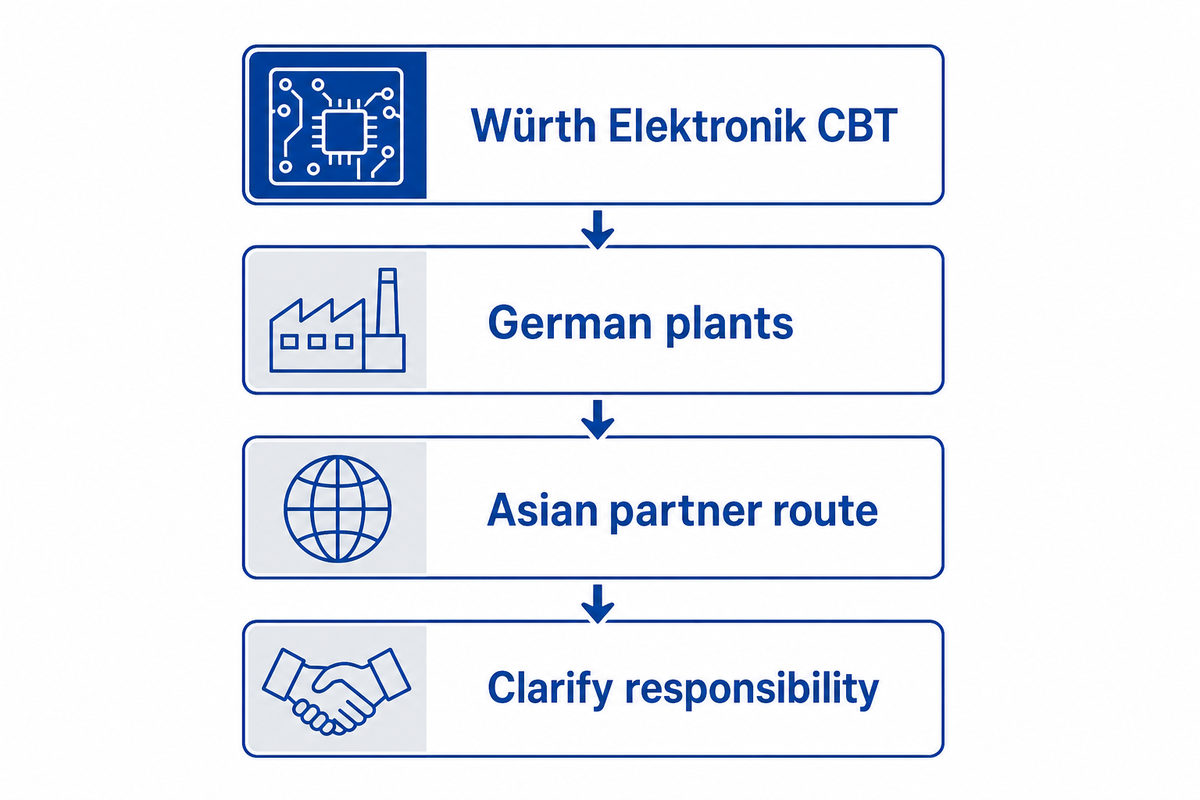 Würth Elektronik CBT; Plantas en Alemania; Ruta con socios asiáticos; Aclarar responsabilidades.