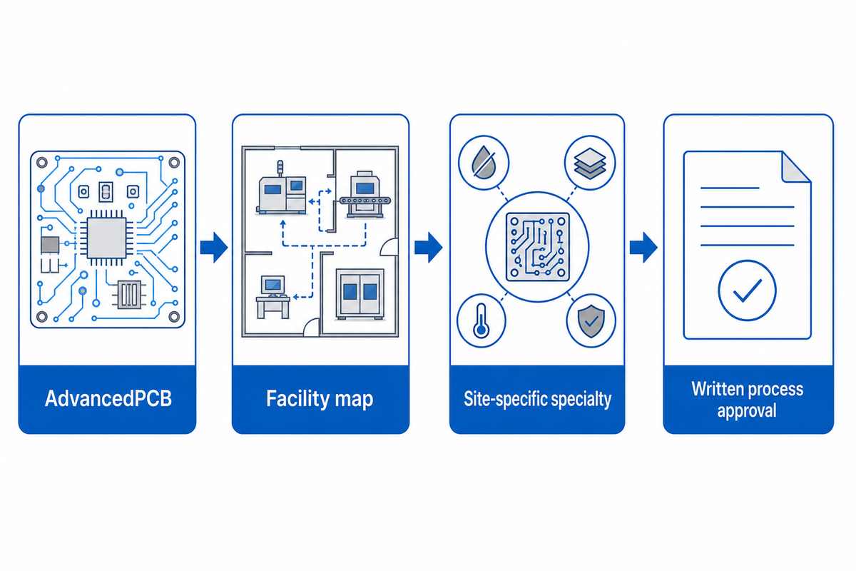 AdvancedPCB; Mapa de instalaciones; Especialidad por planta; Aprobación escrita del proceso.