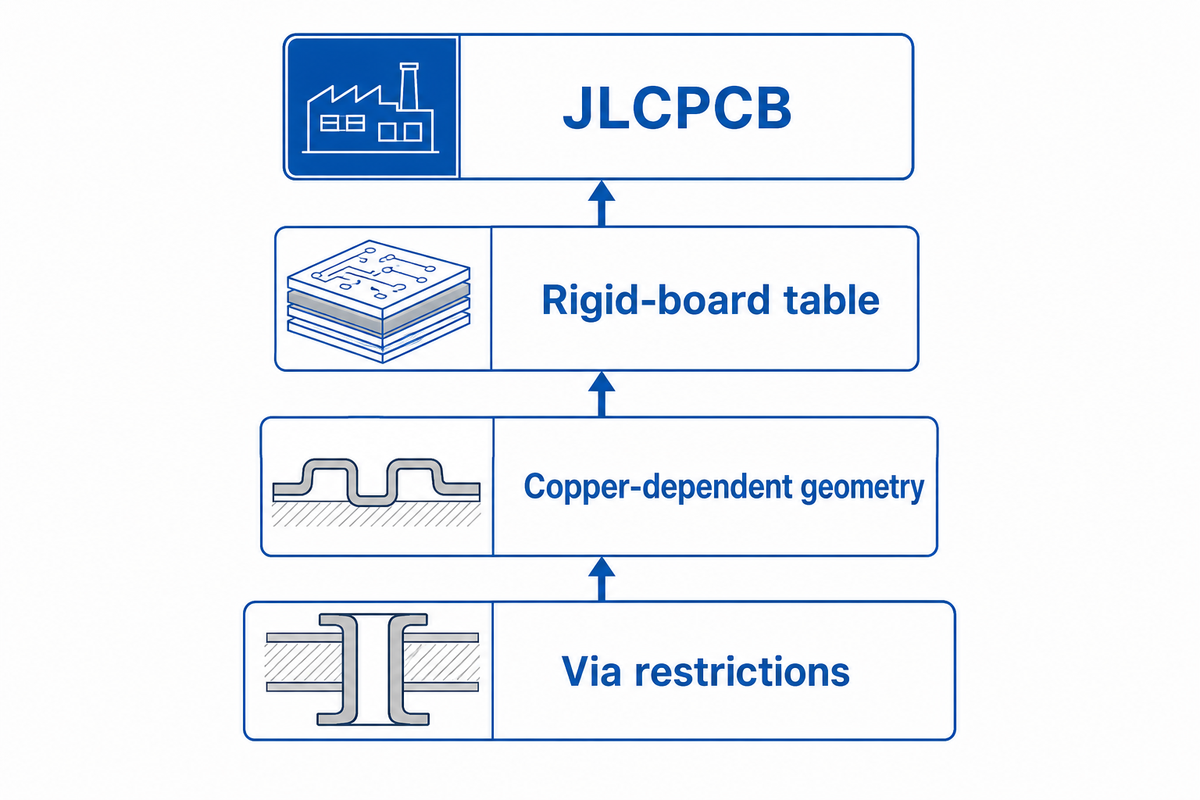 JLCPCB; Tabla de placas rígidas; Geometría según el cobre; Restricciones para vías.