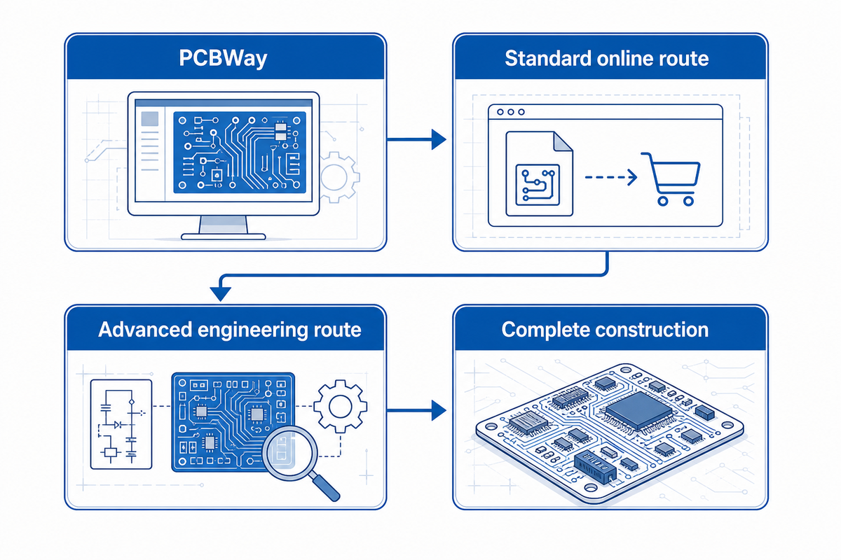 PCBWay; Ruta estándar en línea; Ruta de ingeniería avanzada; Construcción completa.