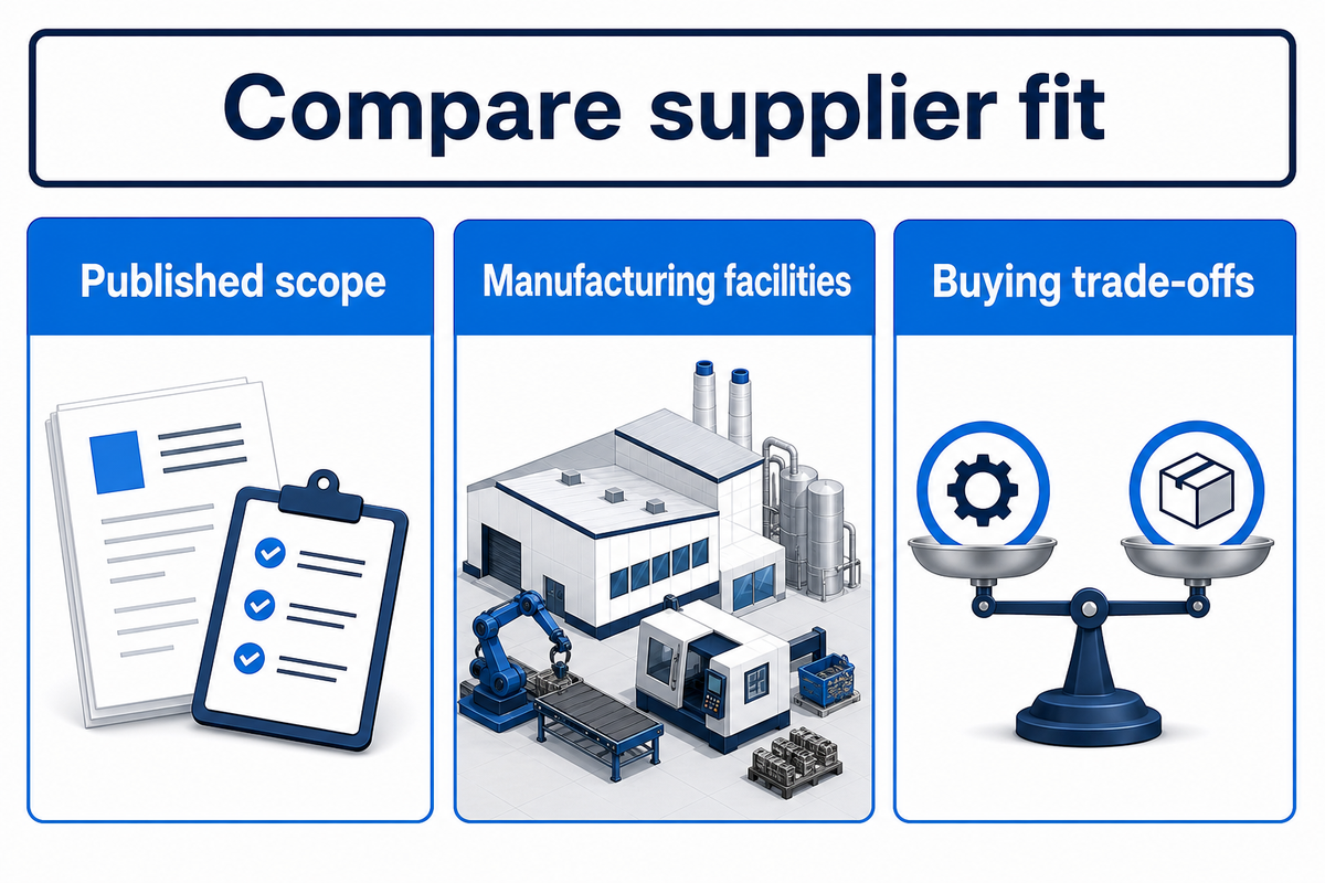 Published scope, manufacturing facilities and buying trade-offs distinguish the 20 supplier profiles.