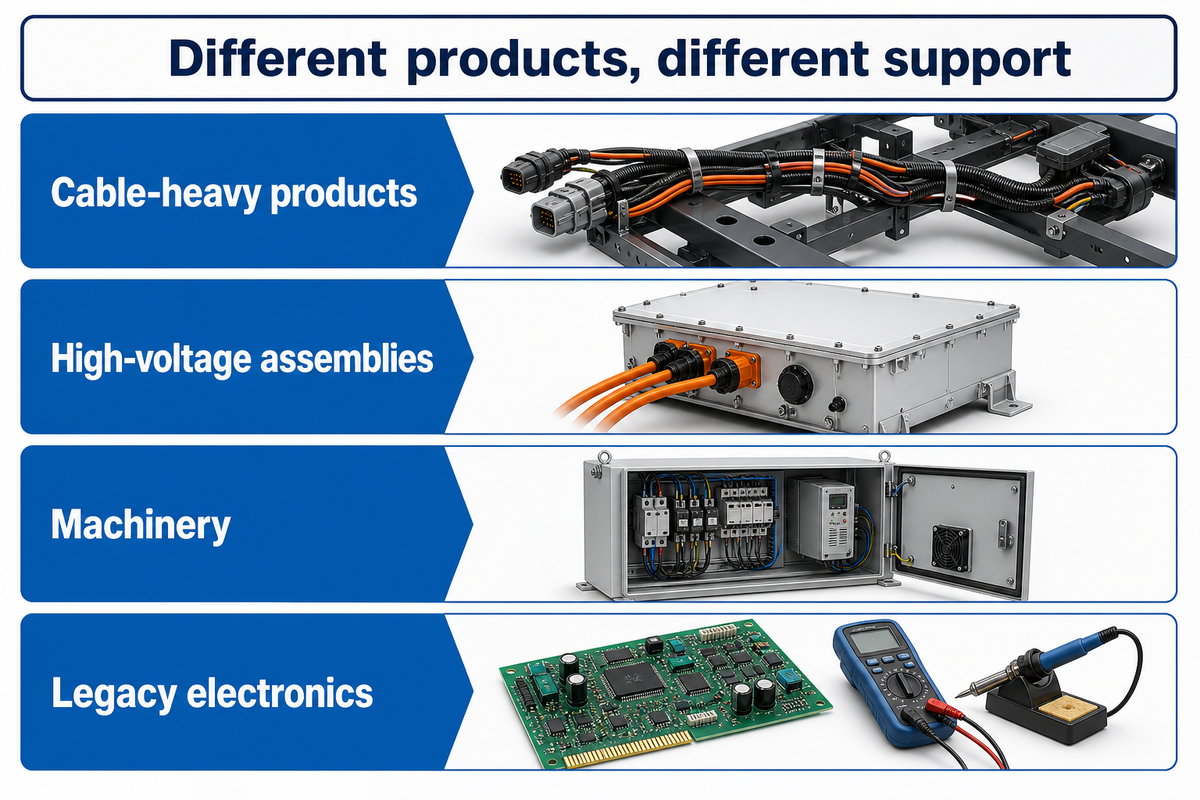 Cable-heavy products, high-voltage assemblies, machinery and legacy electronics need different equipment and support.