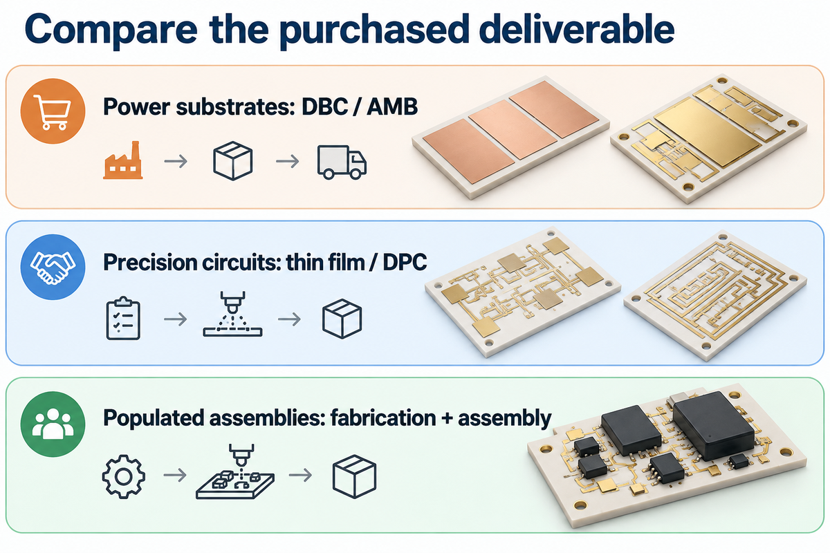 Three ceramic sourcing routes distinguish power substrates, precision circuits and populated assemblies.