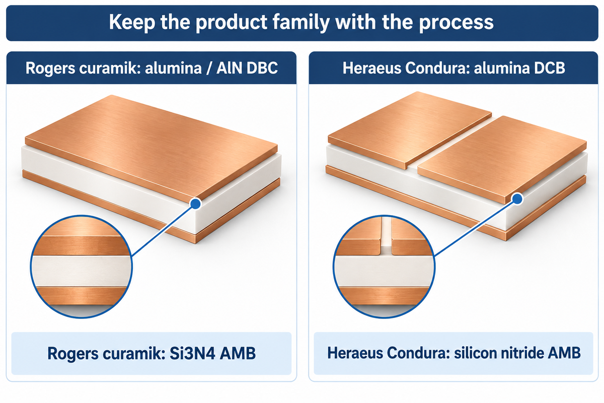 Schematic cards preserve the Rogers curamik and Heraeus Condura material-to-metallization family distinctions.