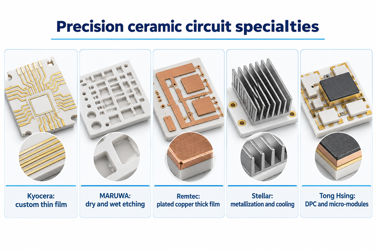 Five specialist cards compare Kyocera, MARUWA, Remtec, Stellar and Tong Hsing by their distinct ceramic circuit offers.