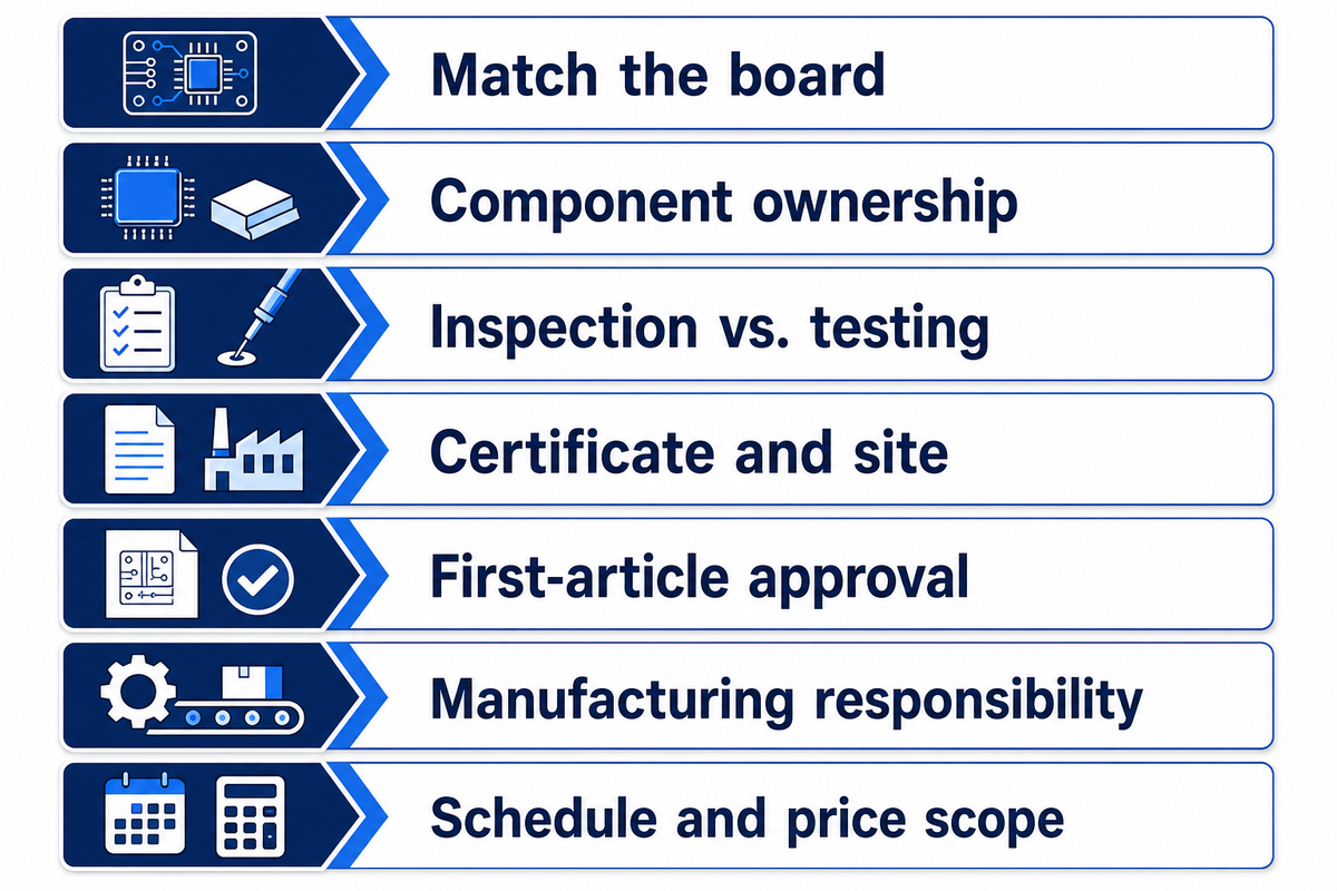 Seven checks connect board design, materials, testing, site scope, approval, responsibility and the complete quote.