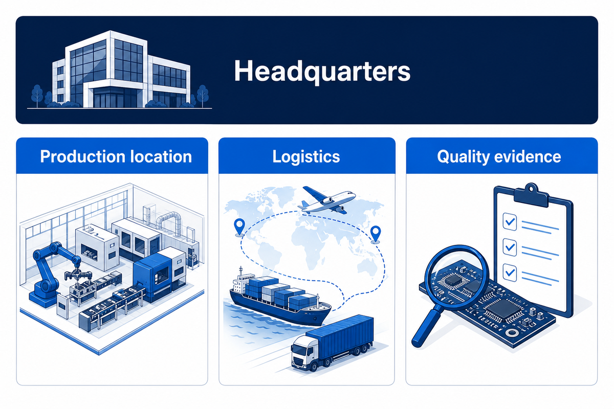 Headquarters and production location are separate purchasing facts; geography alone does not prove manufacturing quality.