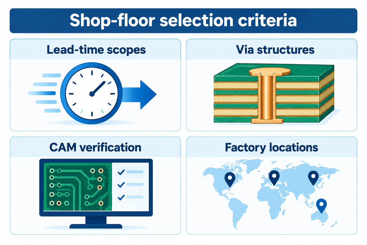 Supplier evaluation requires verified lead-time scopes, via structures, in-house CAM engineering verification, and factory locations.