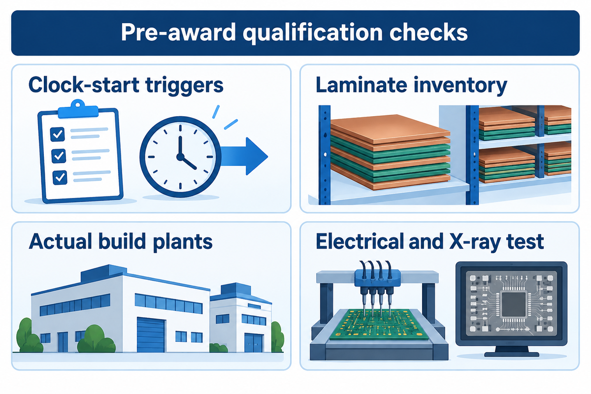 Pre-award supplier qualification checks clock-start triggers, stocked laminate inventory, actual build plants, and fixtureless electrical and X-ray inspection.