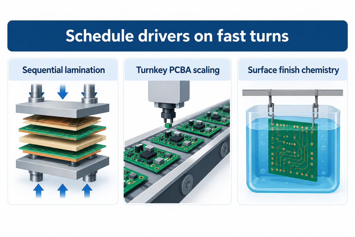 Real quick-turn schedules depend on sequential lamination cycles, turnkey PCBA quantity scaling, and surface finish chemistry.