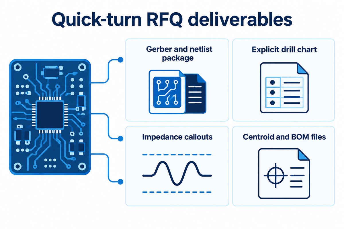 A complete quick-turn PCB RFQ package pairs Gerber and netlist files, explicit drill charts, impedance callouts, and approved BOM alternates.