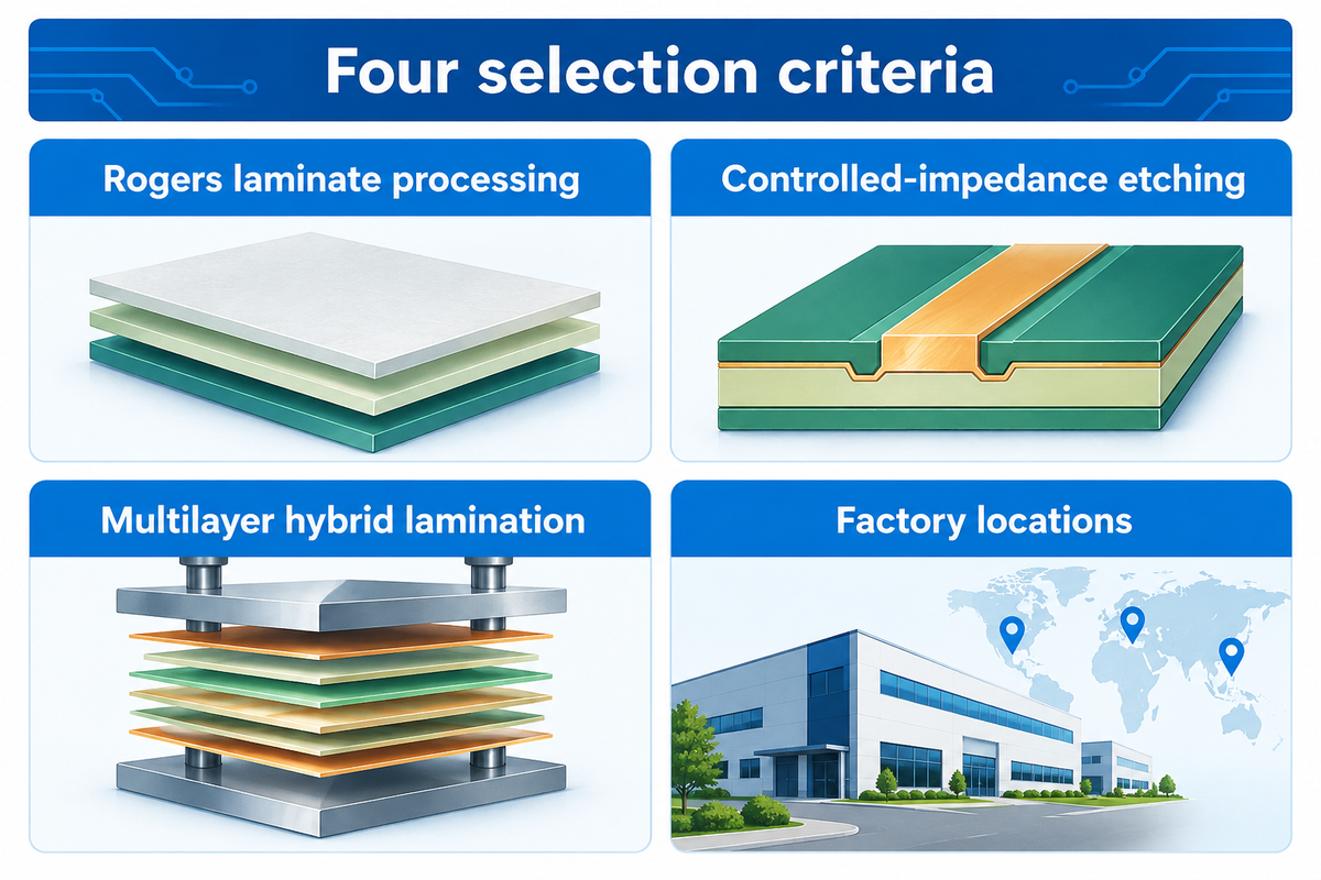Supplier evaluation requires verified Rogers laminate processing, controlled-impedance etching, hybrid lamination, and factory certifications.