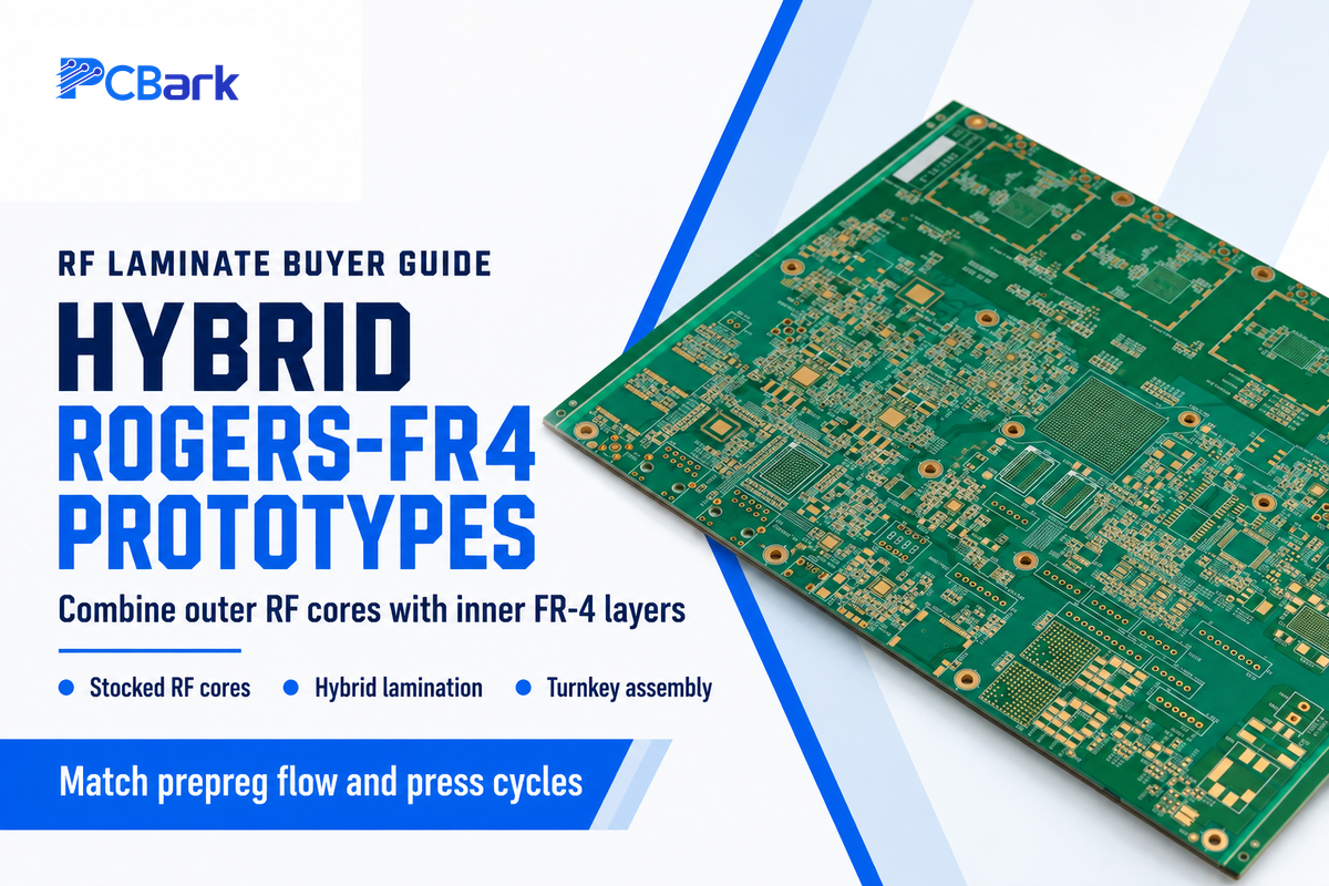 Prototype and hybrid Rogers-FR4 fabricators combine stocked high-frequency cores with inner FR-4 layers and turnkey assembly.
