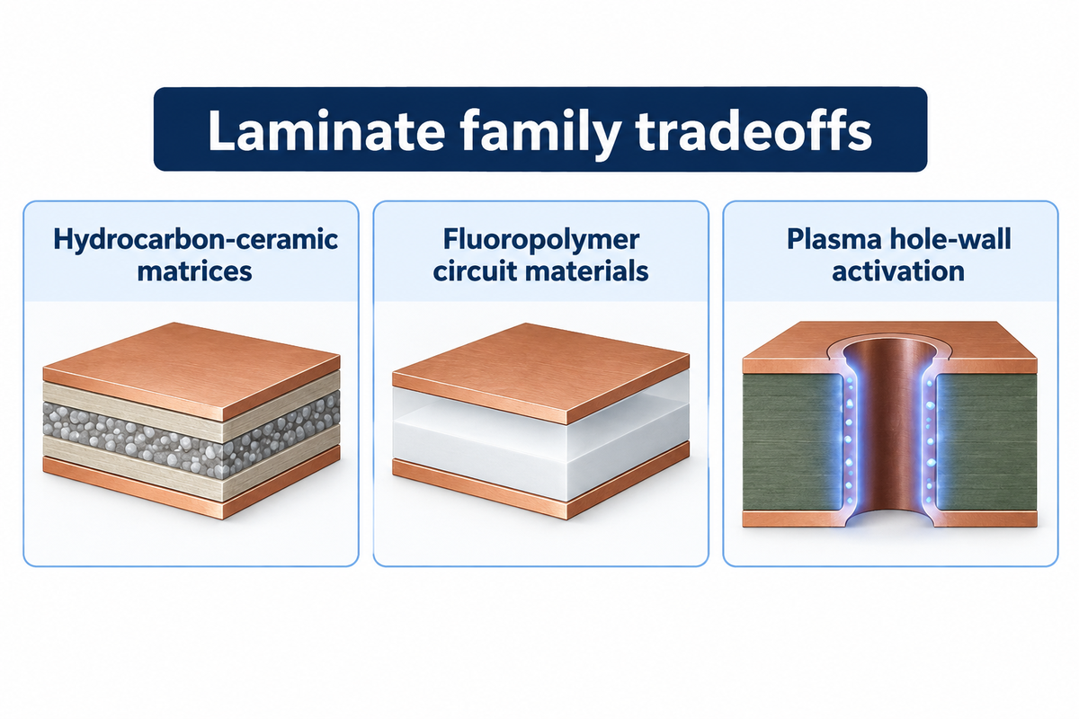 Factory tooling divides between hydrocarbon-ceramic laminates, PTFE fluoropolymer cores, and hybrid FR-4 lamination.