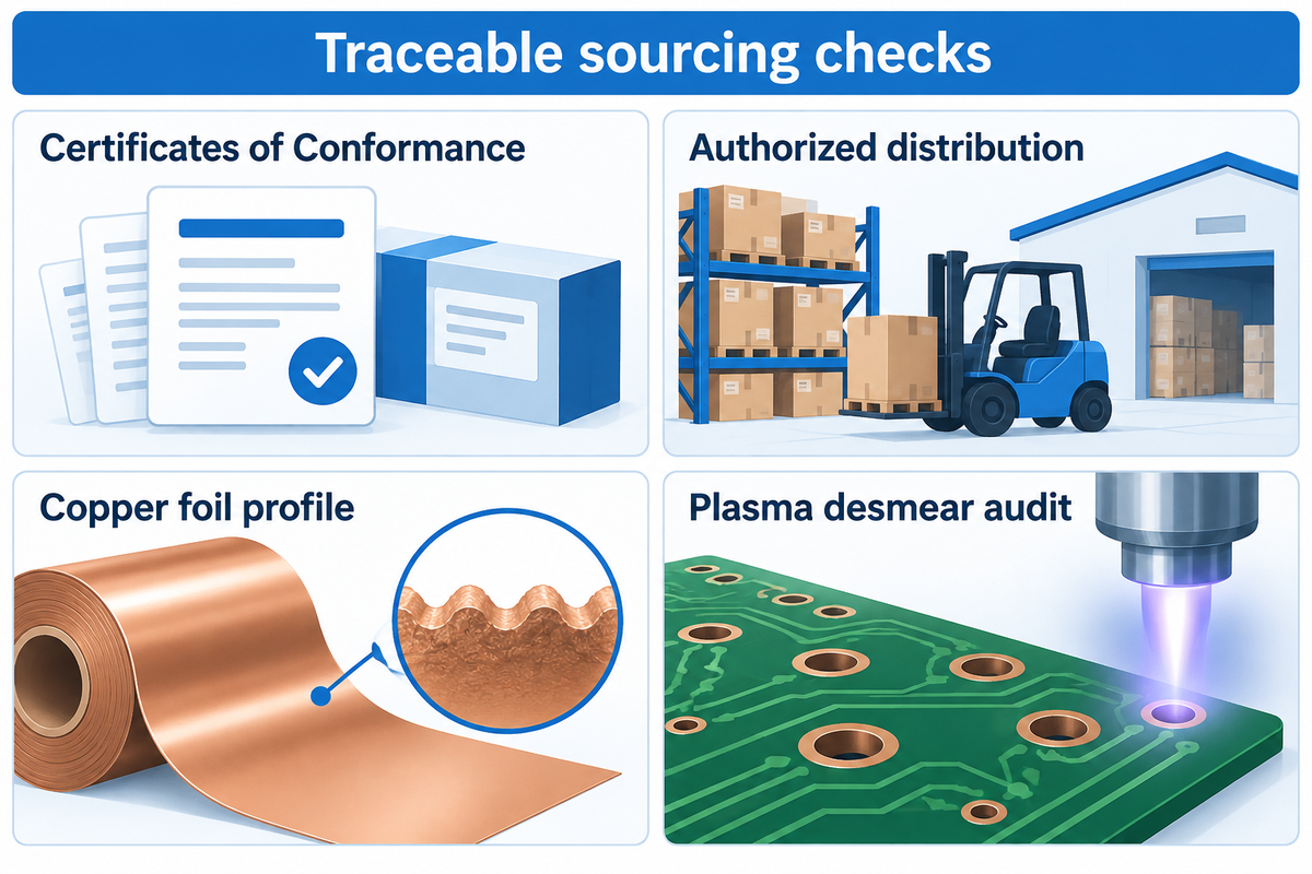 Verify lot-traceable Rogers Certificates of Conformance, authorized stock, copper foil profile, and plasma desmear before production release.