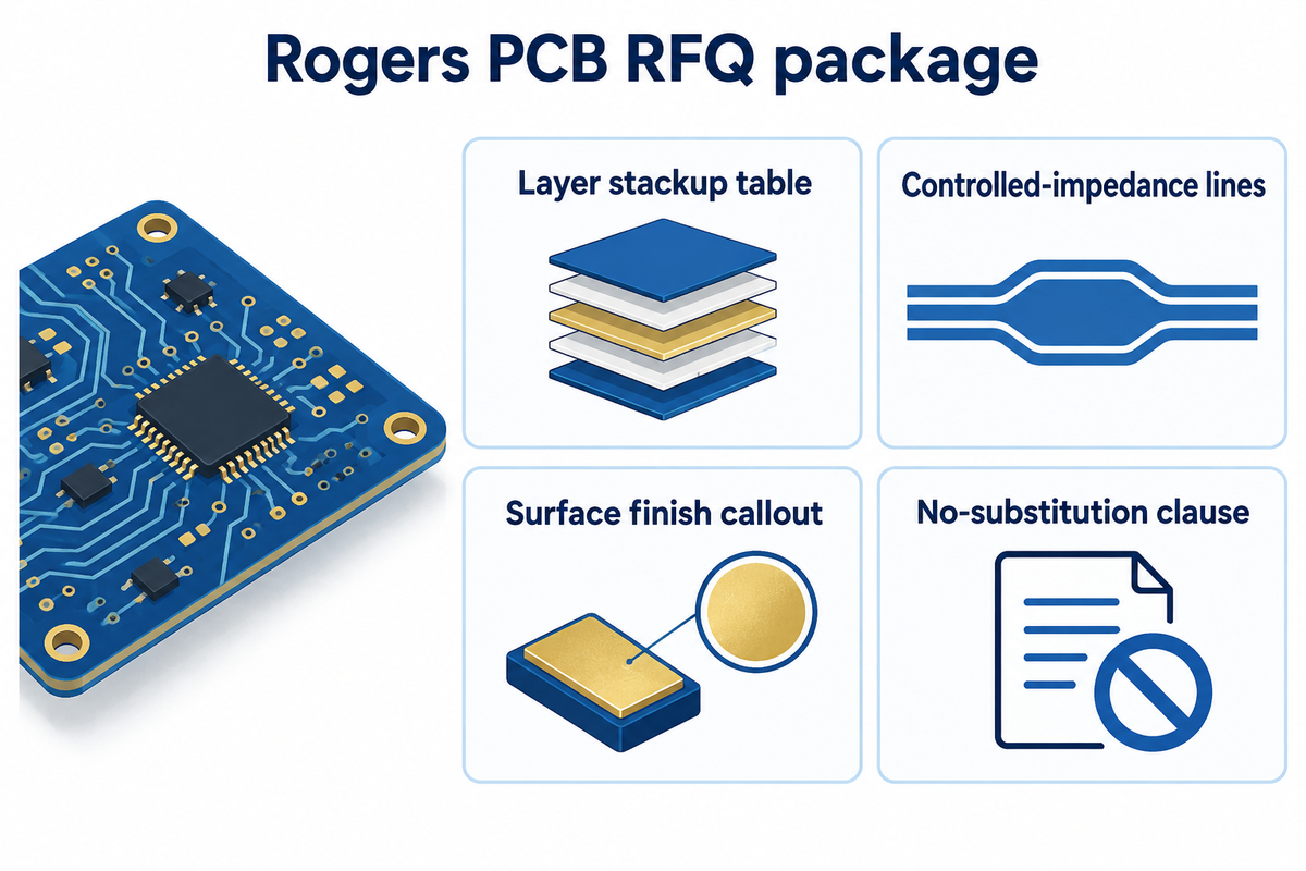 A complete Rogers PCB RFQ package pairs Gerber files, an explicit stackup table, controlled-impedance lines, and a written no-substitution clause.