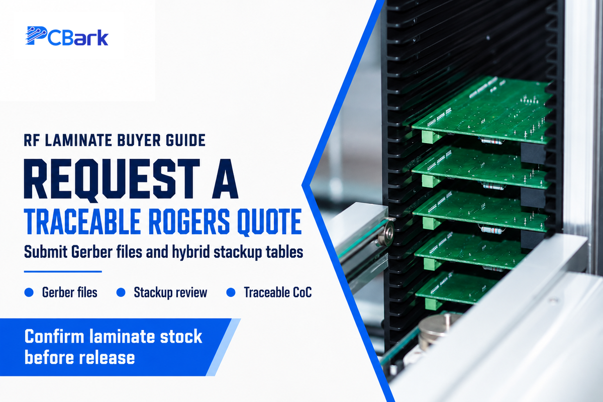 Submit Gerber files, hybrid stackup tables, and BOMs to receive a traceable Rogers PCB quotation and DFM review.