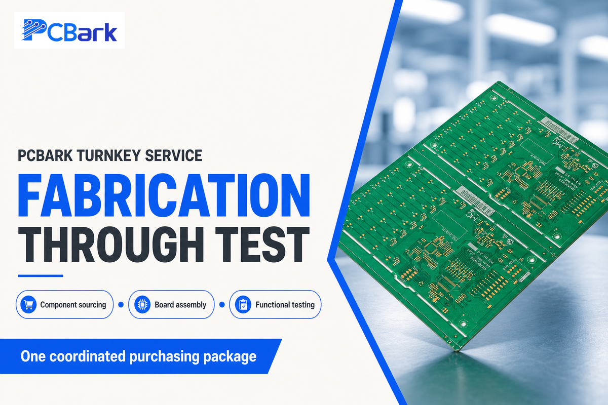 PCBark combines fabrication, component sourcing, assembly and functional testing in its published service scope.