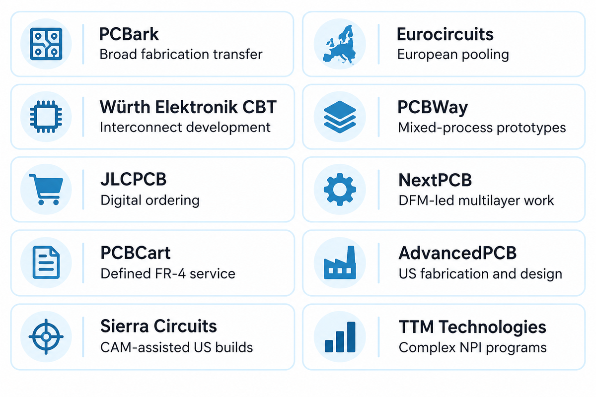 Ten manufacturers grouped by prototype service fit, using their published operations and capabilities.