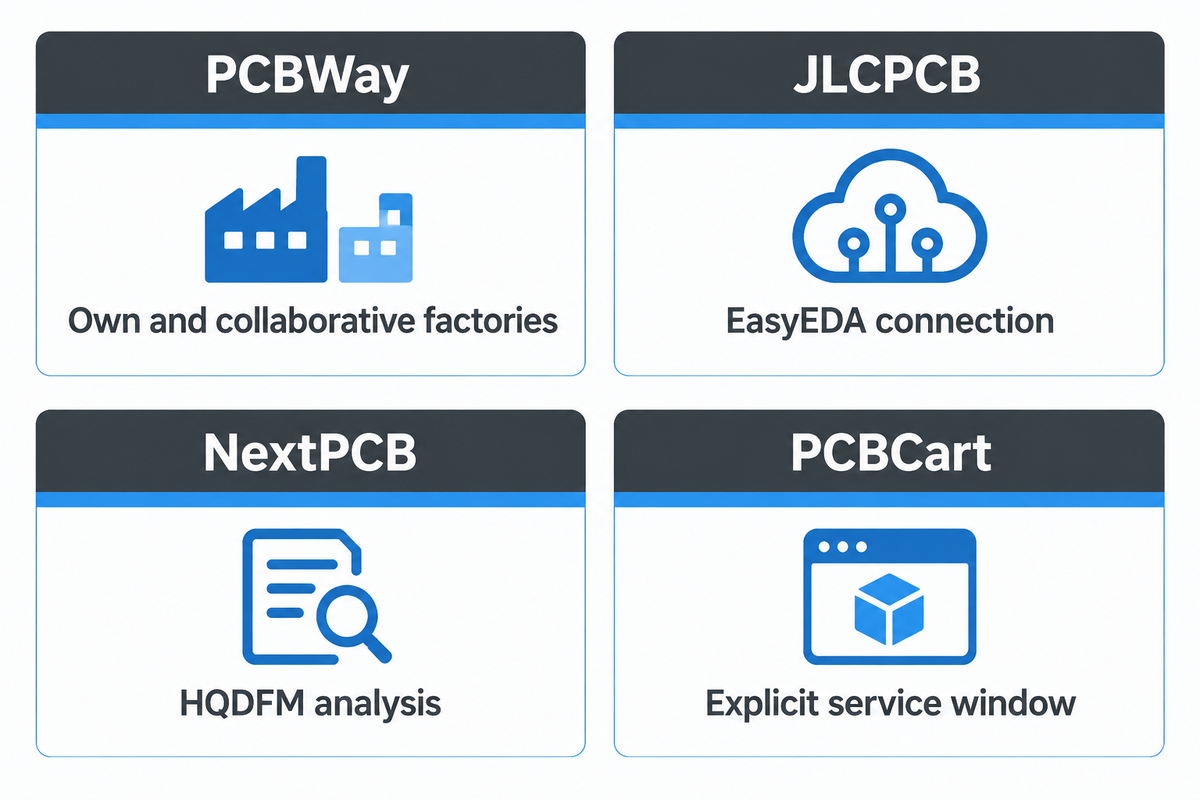 PCBWay, JLCPCB, NextPCB and PCBCart offer distinct online-ordering models; official company sources.