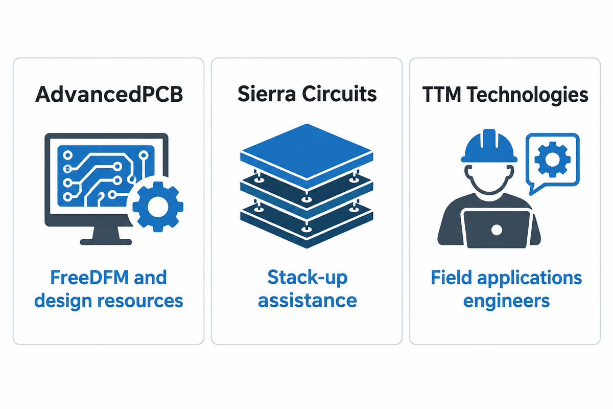 US options differ in FreeDFM resources, stack-up assistance and field applications support; official sources.