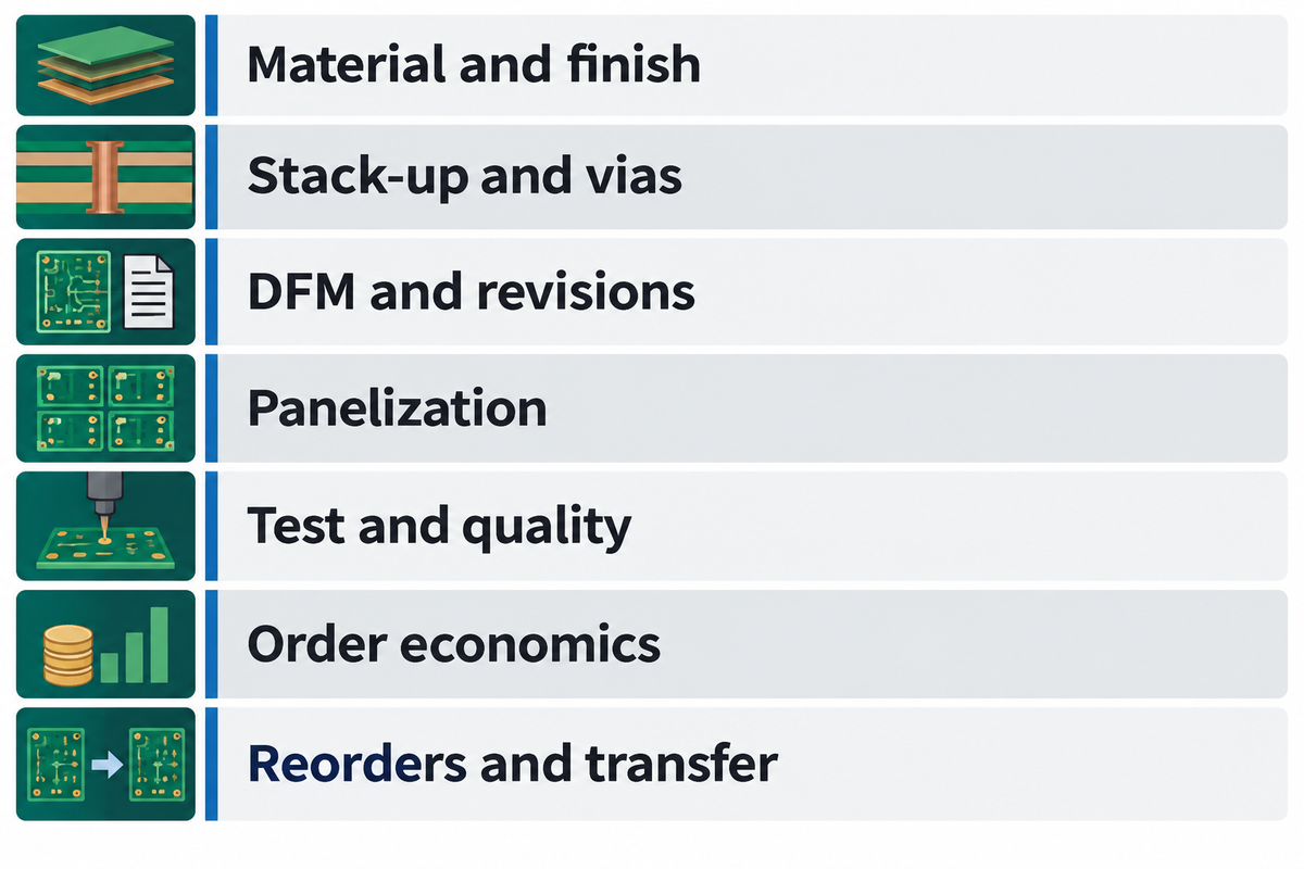 Seven prototype-order decisions cover materials, stack-up, revisions, panelization, tests, costs and transfer.