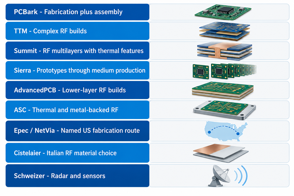 Nine manufacturers offer distinct RF construction and sourcing routes, according to their published capabilities.