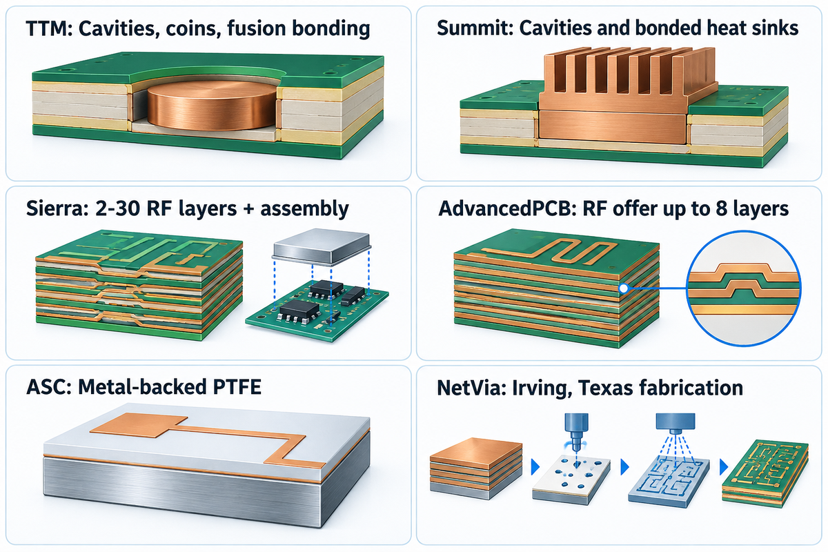 US RF options differ: Sierra lists 2–30 layers, AdvancedPCB up to eight, while other suppliers add specialist structures.