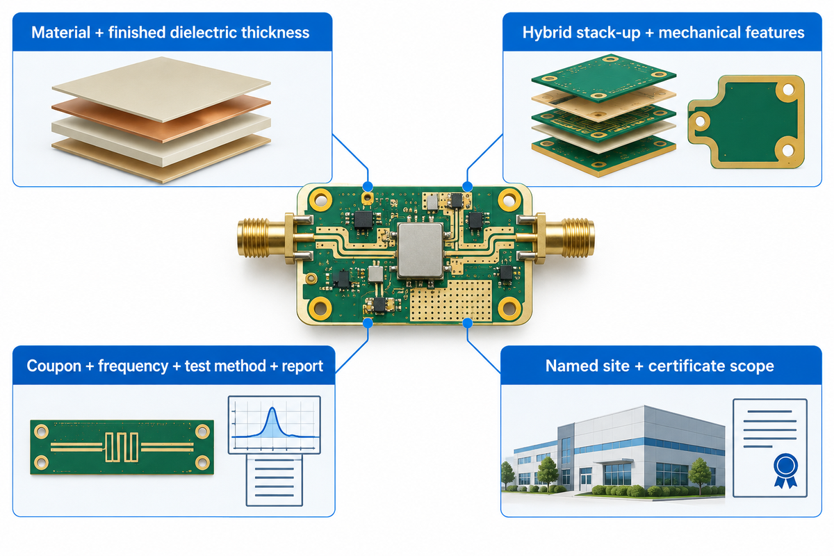 Specify RF laminate, hybrid construction, acceptance tests and the named manufacturing site before comparing quotes.